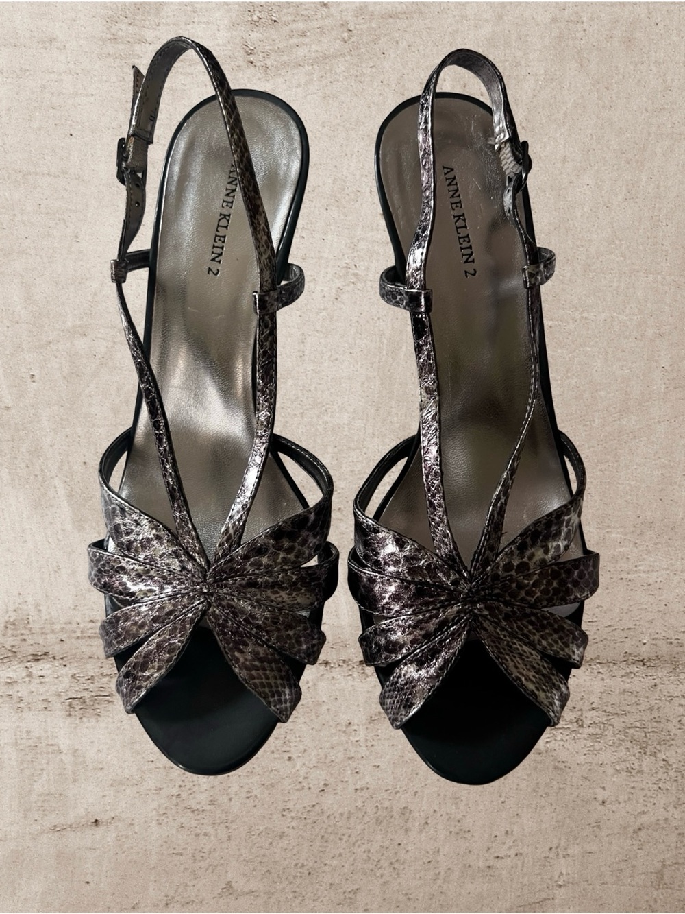 Vintage Anne Klein 2 Metallic Pewter Snakeskin Strappy Slingback Heels